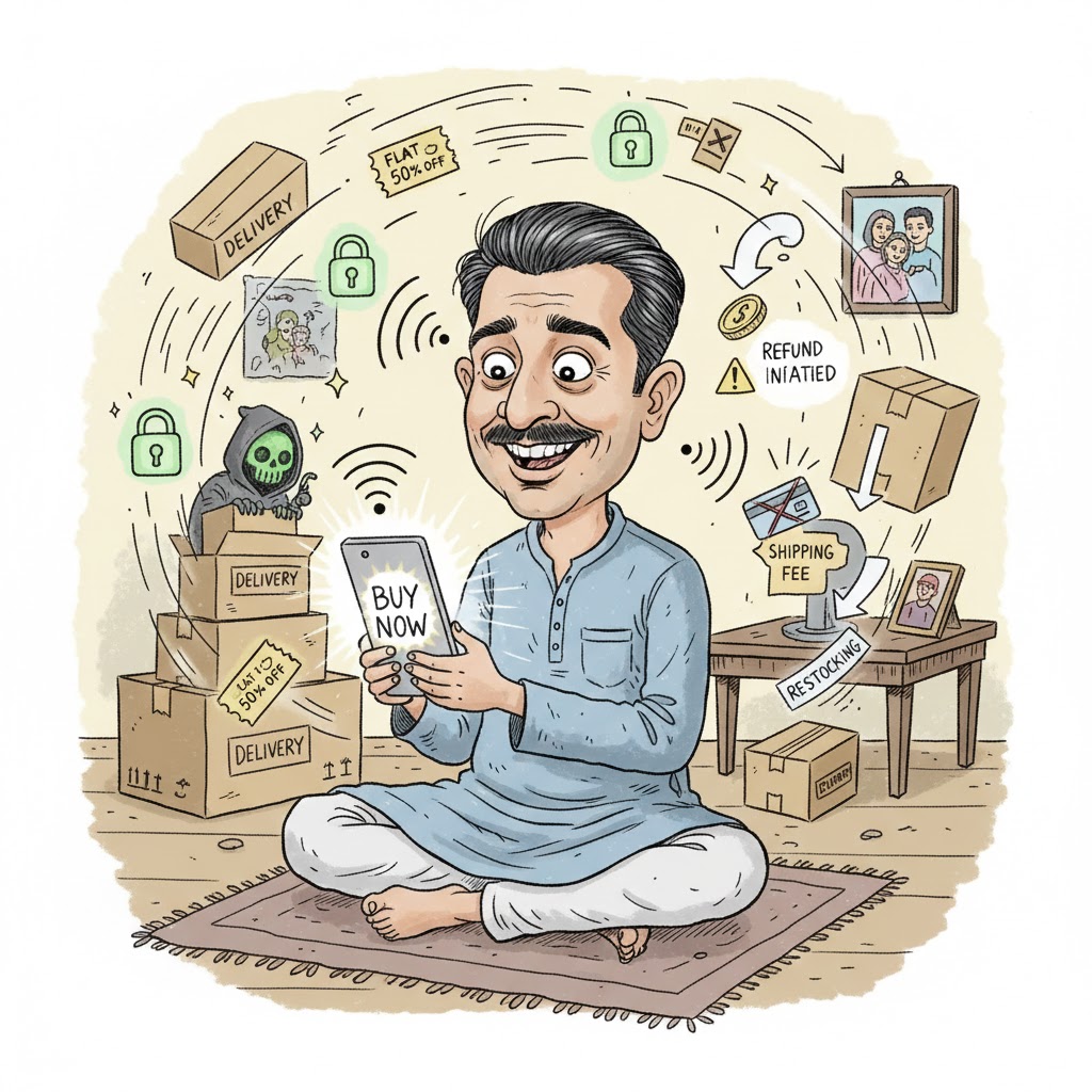 एक व्यंग्यात्मक कार्टून जिसमें एक आम भारतीय ऑनलाइन खरीदार मोबाइल पकड़े बैठा है, स्क्रीन पर “BUY NOW” चमक रहा है, चारों ओर शिपिंग बॉक्स, ताले का निशान, कूपन उड़ते काग़ज़, Wi-Fi सिग्नल और हैकर जैसी आकृतियाँ दिख रही हैं। खरीदार के चेहरे पर भ्रम, लालच और सावधानी का हास्यपूर्ण मिश्रण है।