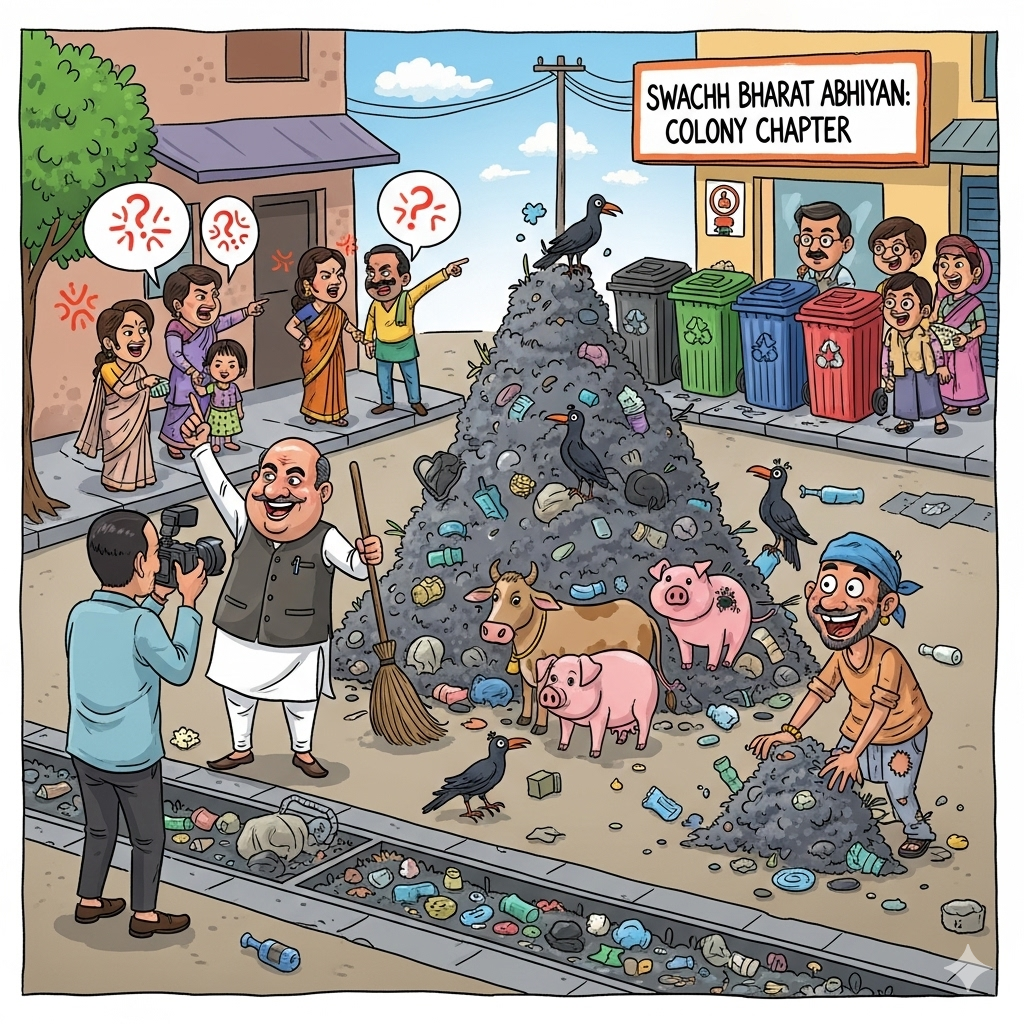 “कार्टून में कचरे का ढेर दिखाया गया है, जिसमें सोशल मीडिया पोस्ट, टीवी न्यूज़, नेताओं के भाषण और ओटीटी कंटेंट सब मिले-जुले हैं। पास खड़े लोग प्रवचन कर रहे हैं और आम आदमी नाक दबाकर खड़ा है।”