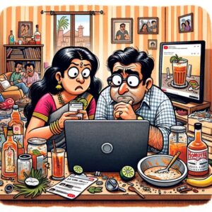 the middle-aged Indian couple at home trying to make a 'Mojito' while watching a YouTube tutorial.