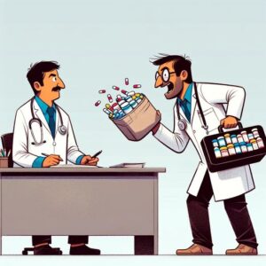 young Indian doctor, wearing a white apron and a stethoscope around his neck, meeting with an overly enthusiastic pharmaceutical representative. The scene captures their amusing interaction in a simple doctor's office setting.