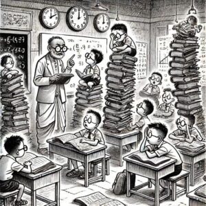depicting the current educational era where children are losing their childhood in competition coaching classes. The image portrays a group of young students, overwhelmed with books and looking exhausted, in a cramped coaching class setting.