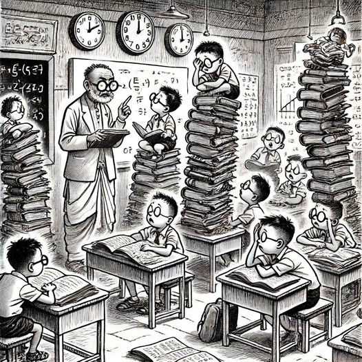 depicting the current educational era where children are losing their childhood in competition coaching classes. The image portrays a group of young students, overwhelmed with books and looking exhausted, in a cramped coaching class setting.