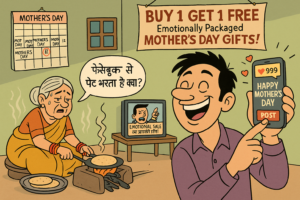 एक युवक मोबाइल में मग्न होकर "हैप्पी मदर्स डे" लिखी सेल्फी सोशल मीडिया पर पोस्ट कर रहा है, उसके पीछे माँ रसोई में पसीने से तर-बतर होकर चूल्हे पर रोटी सेंक रही है। उसके माथे पर हल्की थकान, पर चेहरे पर वही स्थायी मुस्कान। युवक की पोस्ट पर मोबाइल स्क्रीन से '999 लाइक्स' के बबल्स उछल रहे हैं, और पास ही माँ बड़बड़ा रही है – "फेसबुक से पेट भरता है क्या?" दीवार पर एक कैलेंडर टंगा है, जिसमें हर दिन 'मदर्स डे' लिखा है — बस तारीख़ बदलती है। बाजार में एक बड़ा बैनर लटक रहा है — "Buy 1 Get 1 Free – Emotionally Packaged Mother’s Day Gifts!" पीछे टीवी पर ऐंकर चिल्ला रहा है — “Emotional Sale का आखिरी दिन!”