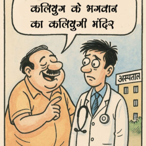 A cartoon-style hospital fortress with CCTV cameras, iron grills, a panic button, bouncers at the gate, and a DJ blasting outside while confused patients run for cover — symbolizing the absurd challenges faced by modern Indian doctors.