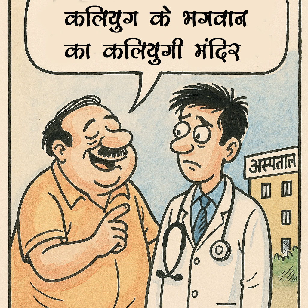 A cartoon-style hospital fortress with CCTV cameras, iron grills, a panic button, bouncers at the gate, and a DJ blasting outside while confused patients run for cover — symbolizing the absurd challenges faced by modern Indian doctors.