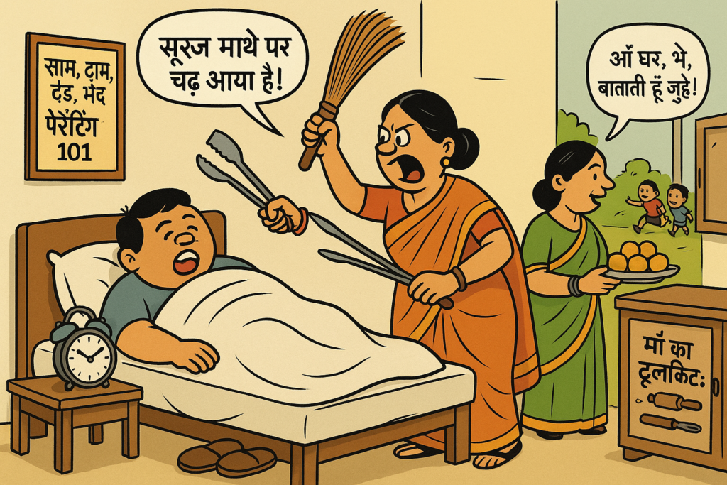 एक युवक मोबाइल में मग्न होकर "हैप्पी मदर्स डे" लिखी सेल्फी सोशल मीडिया पर पोस्ट कर रहा है, उसके पीछे माँ रसोई में पसीने से तर-बतर होकर चूल्हे पर रोटी सेंक रही है। उसके माथे पर हल्की थकान, पर चेहरे पर वही स्थायी मुस्कान। युवक की पोस्ट पर मोबाइल स्क्रीन से '999 लाइक्स' के बबल्स उछल रहे हैं, और पास ही माँ बड़बड़ा रही है – "फेसबुक से पेट भरता है क्या?" दीवार पर एक कैलेंडर टंगा है, जिसमें हर दिन 'मदर्स डे' लिखा है — बस तारीख़ बदलती है। बाजार में एक बड़ा बैनर लटक रहा है — "Buy 1 Get 1 Free – Emotionally Packaged Mother’s Day Gifts!" पीछे टीवी पर ऐंकर चिल्ला रहा है — “Emotional Sale का आखिरी दिन!”