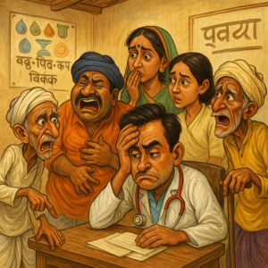"A satirical cartoon depicting a rural clinic scene: villagers are describing bizarre symptoms — one says 'nas chali gayi', another 'hawa lag gayi' while holding his head, and a third, leaning on a stick, claims 'goda bol gaya'. The doctor sits confused, holding his forehead. Posters in the background read 'Vaat-Pitt-Kaph Clinic' and a board says 'No treatment for upper air here