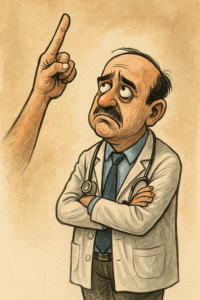 A caricature of a tired-looking doctor in a white coat gazes upwards in confusion, while a giant hand from above points down at him, symbolizing moral judgment or divine expectation.