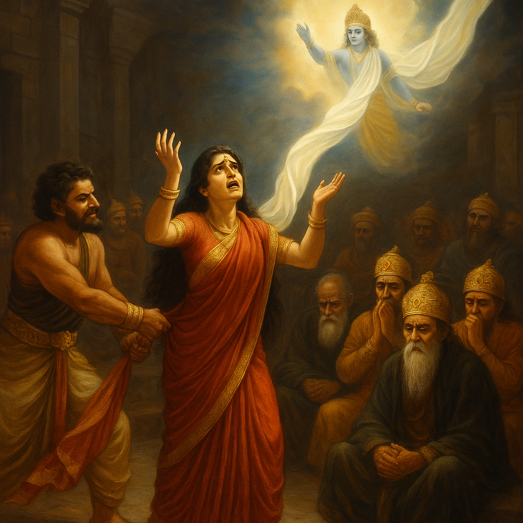 A dramatic ancient courtroom scene (Mahabharata sabha), where Draupadi stands in the center with tears in her eyes, raising her hands skyward. Her saree is being pulled by a man (Dushasana), but an endless divine cloth is being miraculously extended from above by Lord Krishna, glowing in the sky. Surrounding warriors like Bhishma, Drona, and the Pandavas sit in silence, frozen with guilt or shame. Duryodhana smirks in the background. The ambiance is emotionally intense, with divine light focused on Draupadi and Krishna’s ethereal form above.