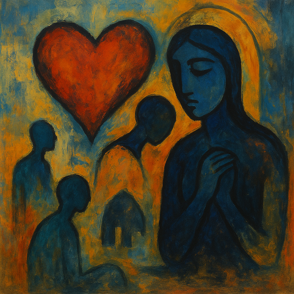 A figurative abstract painting with a large red heart, blue-toned human figures, and a soft aura of yearning and solitude, inspired by an Urdu ghazal.