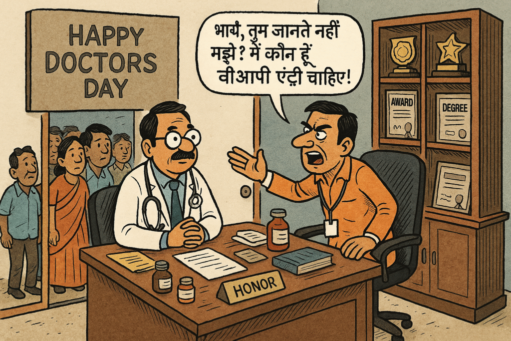 एक व्यस्त डॉक्टर की ओपीडी में घुसने की कोशिश करता हुआ घमंडी पत्रकार, बाहर लाइन में खड़े मरीज, और डॉक्टर की पीठ पीछे सम्मान और डिग्रियों से सजी अलमारी।