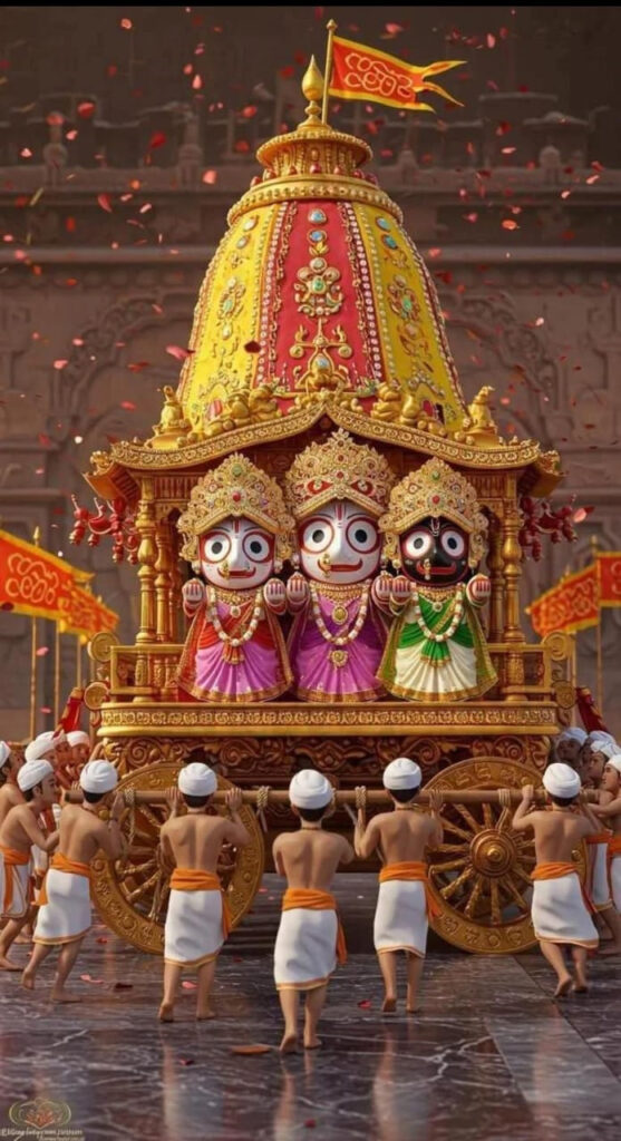 जगन्नाथ रथयात्रा में सजे विशाल रथ, सुभद्रा, बलराम और जगन्नाथ की मूर्तियाँ, भक्तों की भीड़, ढोल-नगाड़ों के साथ पुनीत उत्सव का दृश्य। आकाश में लहराती ध्वजा और जामुन की लकड़ी से बनी देवमूर्ति।