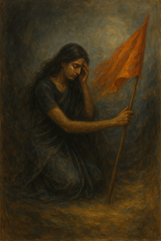 एक महिला गहरे रंग के वस्त्रों में घुटनों के बल बैठी है, उसके चेहरे पर आँसू और थकान है, लेकिन हाथ में आत्मबल की प्रतीक के रूप में लहराता नारंगी ध्वज है।