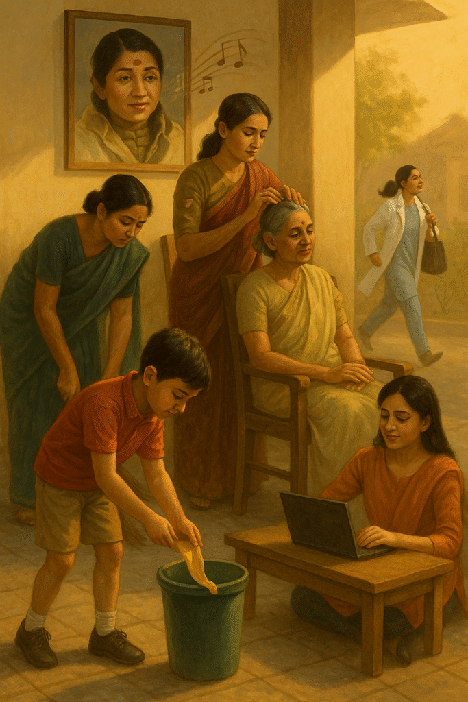 "एक बच्चे द्वारा कचरा पात्र में केले का छिलका डालते हुए, पास में ईमानदार नौकरानी, सैनिक की पत्नी बुज़ुर्ग की सेवा में, और एक डॉक्टर मानवता के शिविर की ओर दौड़ती हुई – रोज़मर्रा के साधारण कर्मों में देशभक्ति की झलक।"