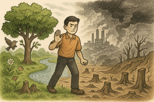 A young man stands between a lush green forest with a river and flowers on one side, and a barren, polluted landscape with tree stumps and factory smoke on the other. He raises his hand as if to say “stop,” symbolizing a plea to protect nature.