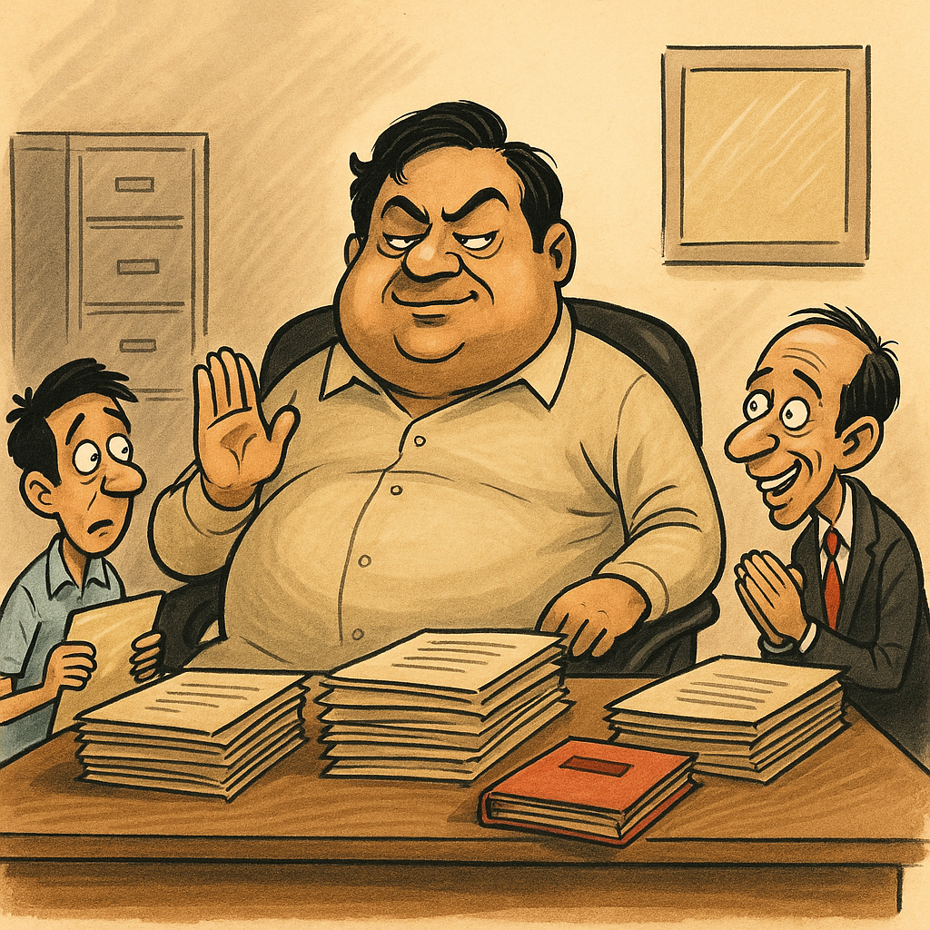A cartoon of a smug material department head sitting at his desk, flanked by two nervous employees—one with papers, one with folded hands. Piles of files and a red register dominate the table in an exaggerated bureaucratic office setting.