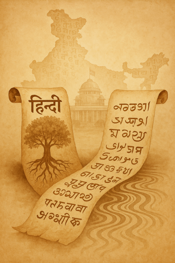 Indian Parliament in background with roots of Hindi language and flowing regional scripts, symbolizing the language debate of Constitution Assembly.