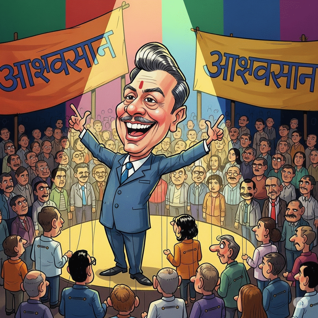 एक राजनेता कठपुतली के रूप में दिख रही जनता को संबोधित कर रहा है, जो लोकतंत्र में आश्वासनों की भूमिका को दर्शाता है।