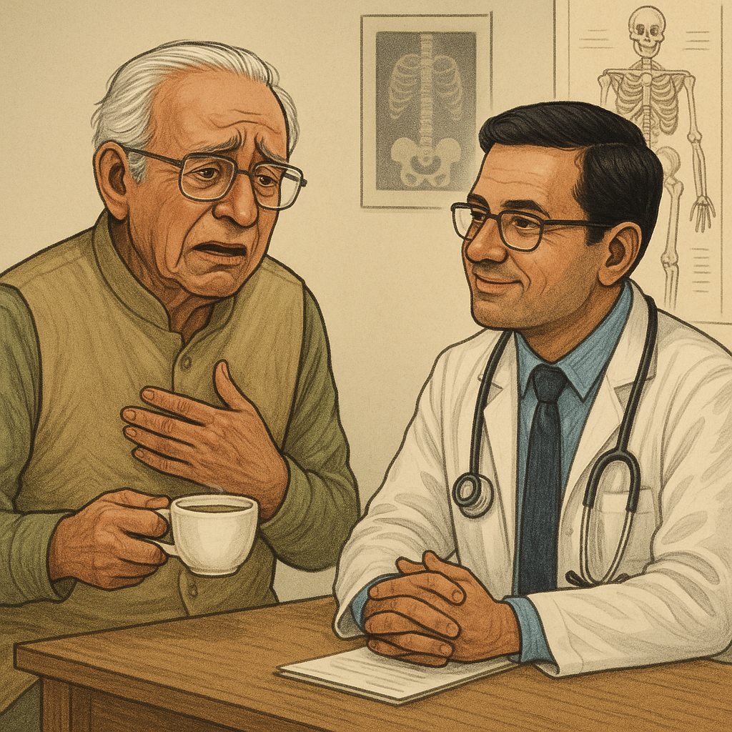 An elderly, traditional-looking Indian man sitting at a doctor's clinic, holding a cup of tea, appearing emotional while talking. The doctor listens patiently, surrounded by medical charts and skeletal diagrams.
