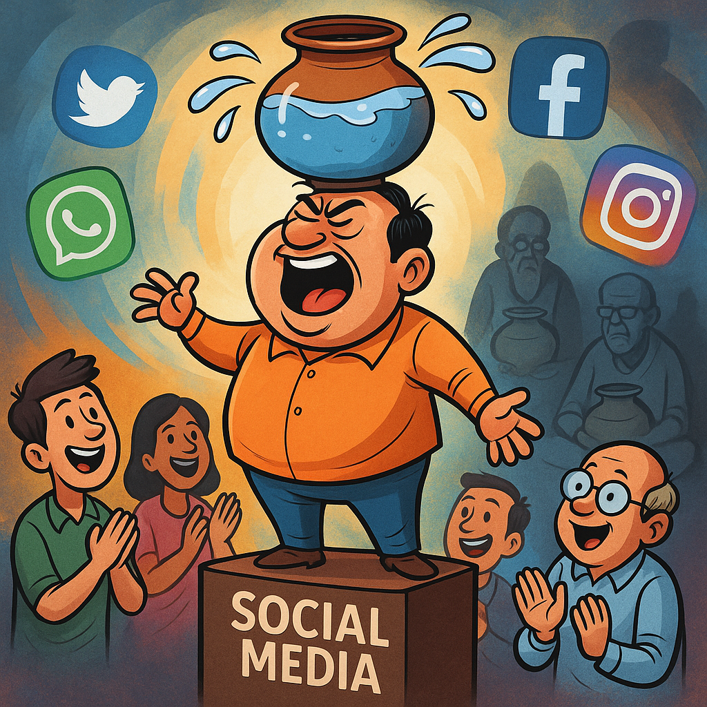A satirical cartoon showing a loud influencer with an overflowing half pot on social media, surrounded by amused and clueless audiences, while wise people stay silent in the background with full pots.