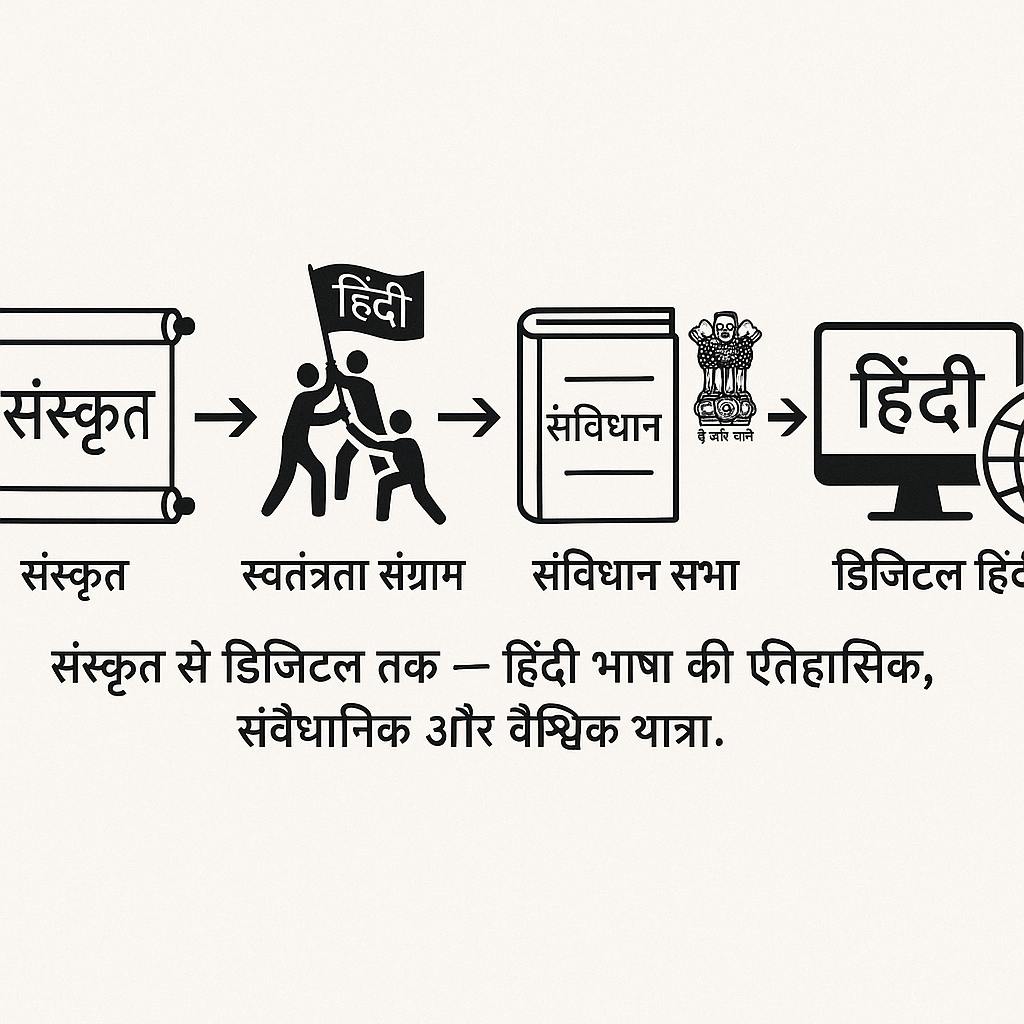 हिंदी भाषा के विकास की यात्रा दर्शाने वाला एक चित्र, जिसमें संस्कृत से लेकर डिजिटल हिंदी तक का क्रमबद्ध ग्राफिकल प्रस्तुतीकरण हो। चित्र में देवनागरी लिपि, स्वतंत्रता संग्राम, संविधान सभा, कंप्यूटर-डिजिटल यंत्र और विश्व मानचित्र पर हिंदी की उपस्थिति के प्रतीक शामिल हों।
