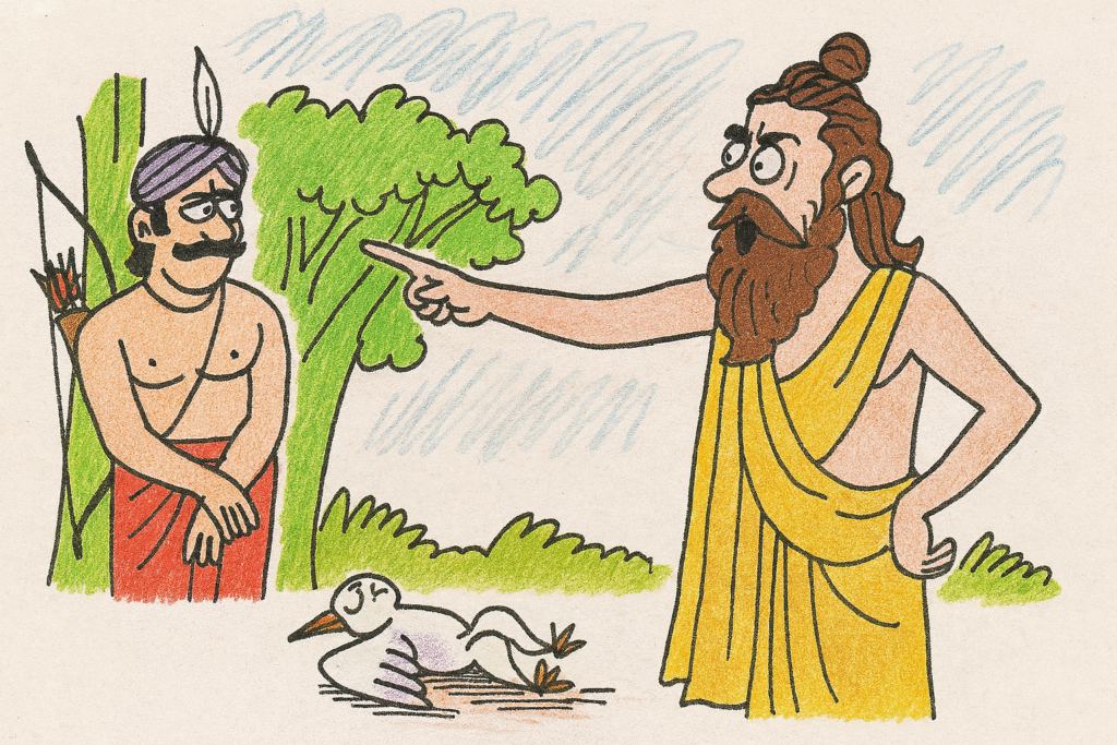 महर्षि वाल्मीकि नदी के तट पर क्रौंच पक्षी के जोड़े को देखकर द्रवित होते हैं।