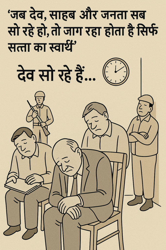 एक थकी हुई जनता की प्रतीकात्मक छवि जिसमें साहब कुर्सी पर झुके हैं, चपरासी दीवार से टेक लगाए ऊंघ रहा है और बैकग्राउंड में लिखा है – "देव सो रहे हैं..." – दर्शाता है सामाजिक तटस्थता और भाषाई राजनीतिक विडंबना।
