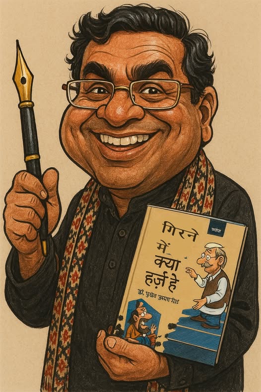 एक व्यंग्यकार डॉक्टर अपने क्लिनिक में हड्डी जोड़ने की जगह हास्य और व्यंग्य के धागों से रचना बुनता हुआ, किताबों और सामाजिक प्रतीकों से घिरा चित्र।