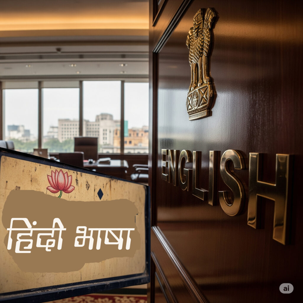 एक अधूरी किताब, जिसके पन्ने खुले हुए हैं और एक तरफ हिंदी में "राजभाषा" लिखा है और दूसरी तरफ अंग्रेजी में "Official Language", दोनों के बीच एक खाई को दर्शाते हुए। किताब के ऊपर एक कलम रखी है, जो सरकारी कामकाज का प्रतीक है।