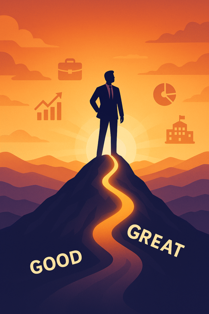 एक प्रेरणादायक दृश्य जिसमें एक बिजनेस लीडर पहाड़ी की चोटी पर खड़ा है, नीचे उगता हुआ सूरज, और दूर दूर तक फैली सफल कंपनियों के प्रतीक चिन्ह, जो महानता की ओर बढ़ने की यात्रा को दर्शाता है।