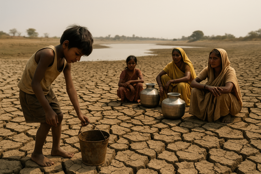भारत में सूखते जलाशय, सूखे पड़े खेत, और जल की खोज में जूझते लोग – जल संकट की भयावहता को दर्शाता एक दृश्य।
