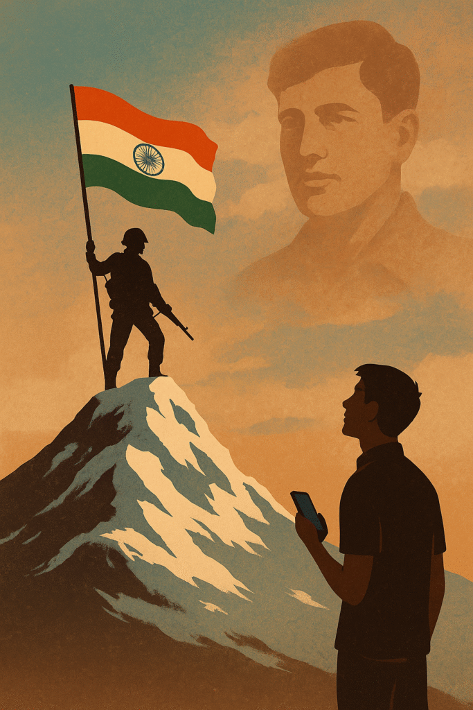 "एक बर्फ से ढकी कारगिल चोटी पर तिरंगा फहराता है, उसकी छाया में एक वीर सैनिक की आकृति खड़ी है। दूर खड़ी नई पीढ़ी श्रद्धा और प्रेरणा के साथ ऊपर देख रही है, जैसे अपने भीतर के सैनिक को पहचान रही हो।"