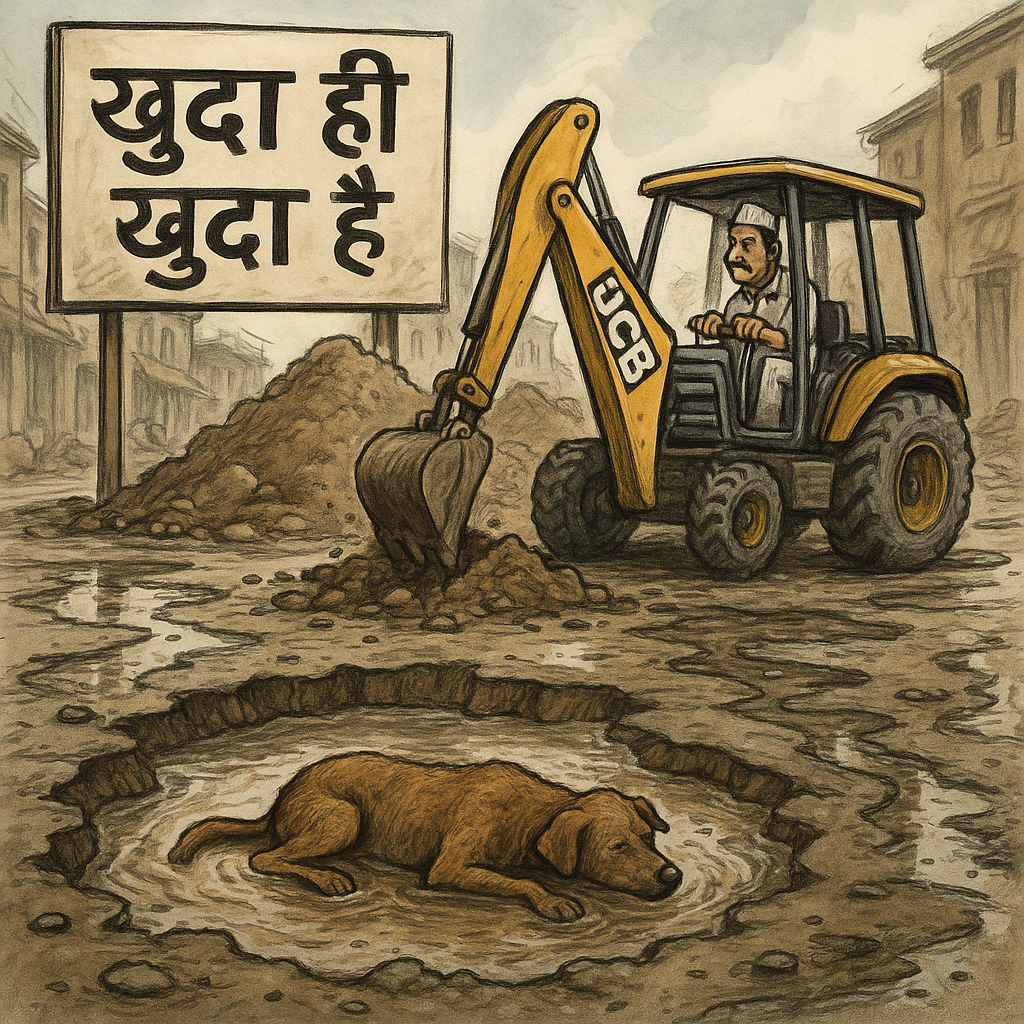 बारिश से लबालब भरे एक गड्ढे में पसरे कुत्ते और पीछे खुदाई में जुटी JCB मशीन, चारों ओर कीचड़ और टूटी सड़कें।