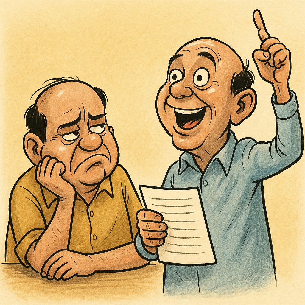 A cartoon of two middle-aged men at a table—one cheerfully pointing upward while holding a paper, the other looking bored and annoyed with his head on his hand.