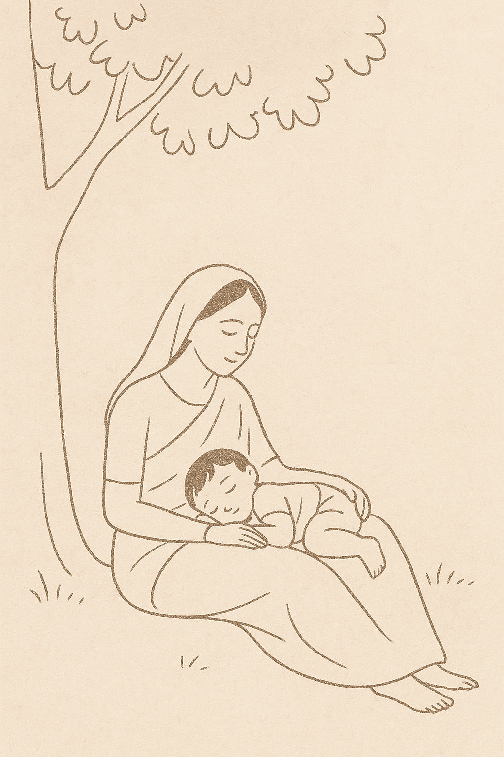 A simple line drawing of a child resting in a mother’s lap under the shade of a tree, evoking nostalgia and maternal warmth.