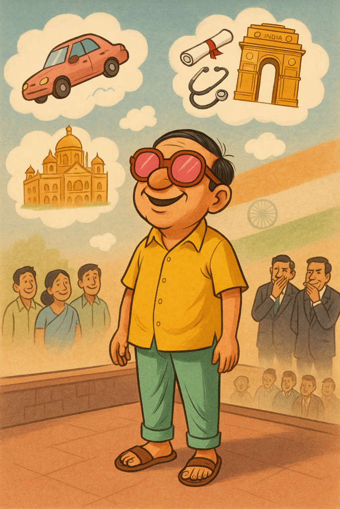 एक आम आदमी चप्पल पहने, सपनों की दुनिया में रंगीन चश्मा लगाए खुले आसमान की ओर देख रहा है, पीछे हल्का धुंधला बैकग्राउंड है जिसमें महल, रॉकेट, संसद और भारत माता की छवि बसी हुई है। वह अकेला किंतु संतुष्ट दिखाई देता है, मानो अपने सपनों में मगन हो।