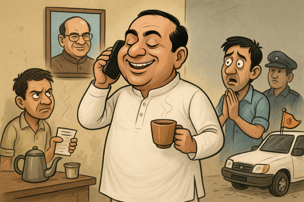 "नेता जी कुर्ता-पायजामा में, एक हाथ में मोबाइल, दूसरे में चाय का कप, पीछे बड़े नेता के साथ उनकी तस्वीर लगी है। चाय वाला परेशान, और नेता जी आत्मविश्वास से कह रहे हैं - 'मेरी बात ऊपर हो गई है।'"