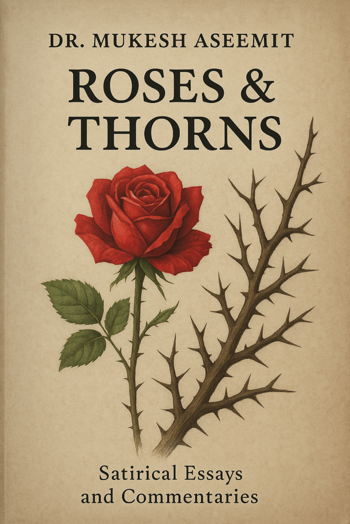 A vintage-style book cover showing a red rose with sharp thorns against an aged parchment background, symbolizing the dual nature of beauty and pain in satire.
