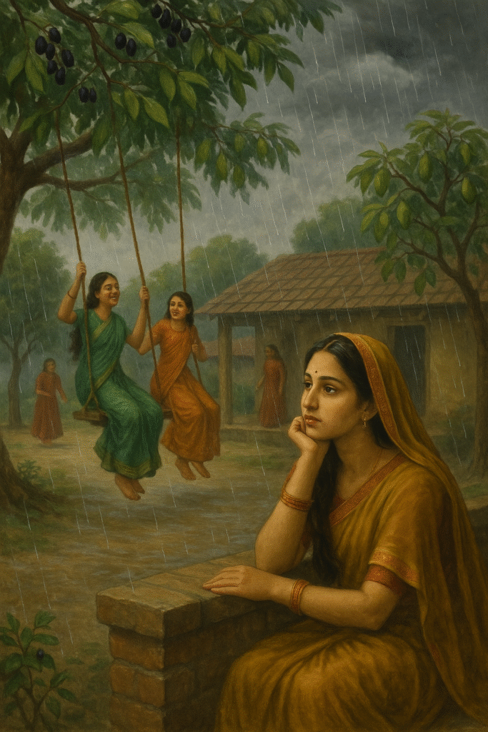 A monsoon courtyard scene with women swinging, jamun-laden trees, soft rain, and a woman in longing gazing at the rain.