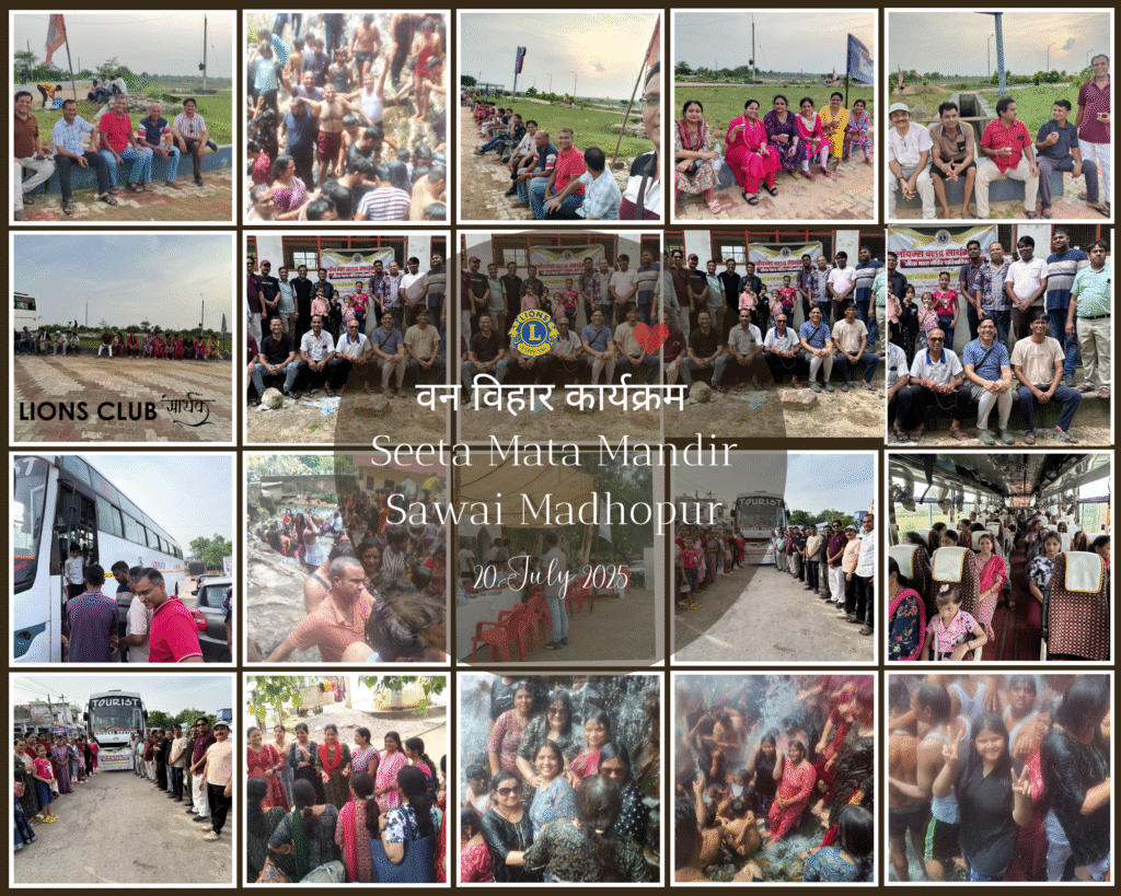 Lions Club Sarthak members and families enjoying a monsoon picnic at Seeta Mata Temple, Sawai Madhopur, with waterfalls, laughter, and devotional moments.