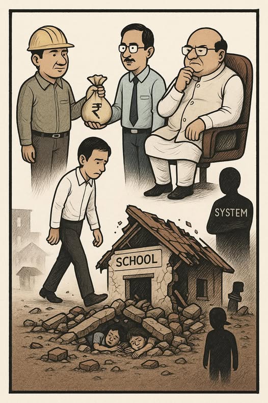 सरकारी स्कूल की गिरी छत पर SYSTEM नामक प्रतीक चिन्ह, पास में लीपापोती ब्रांड सीमेंट का डिब्बा, और टीवी स्क्रीन से बहते आँसू