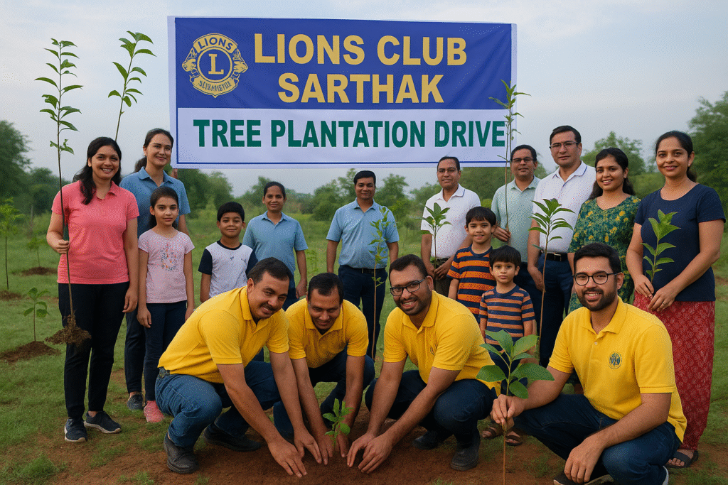 Lions Club Sarthak members planting trees at a private farmhouse during a morning plantation drive; group photo with saplings and families present.