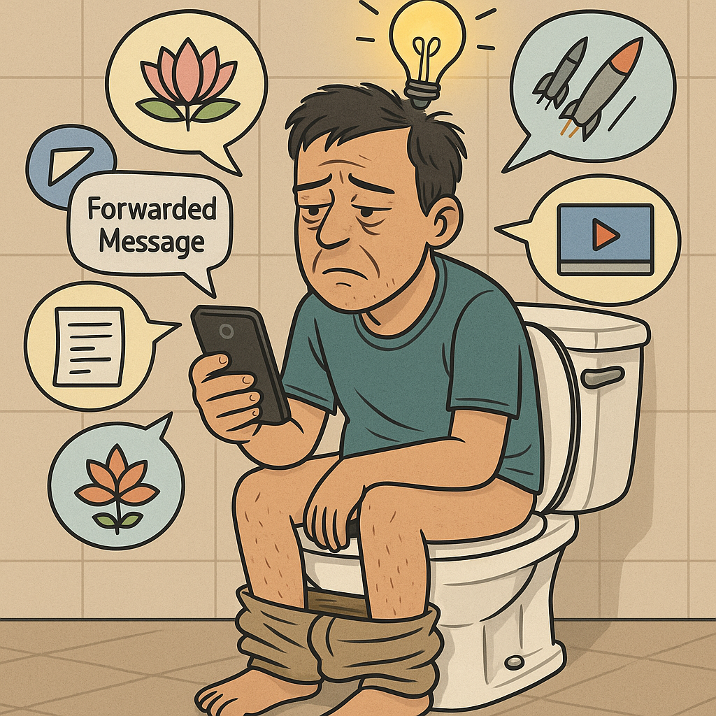 टॉयलेट सीट पर बैठा व्यक्ति मोबाइल में भक्ति, युद्ध और मोटिवेशनल वीडियो वाले संदेश फॉरवर्ड करते हुए, उसके चारों ओर तैरते मैसेज आइकन, सिर पर चमकता ज्ञान का बल्ब।