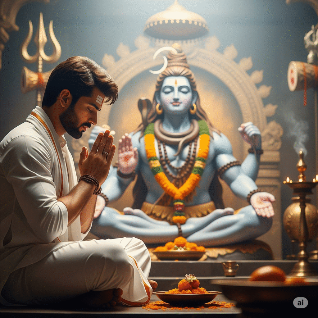 एक भक्त शिव के चरणों में बैठा प्रार्थना कर रहा है, पीछे ध्यानमग्न शिव की मूर्ति, चारों ओर हल्का उजाला और भक्ति का भाव।