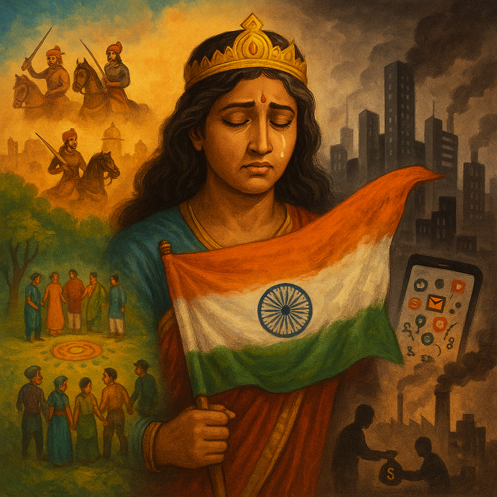 "भारत माँ की एक प्रतीकात्मक छवि, आँखों में आँसू, हाथ में मुरझाता तिरंगा, पृष्ठभूमि का एक हिस्सा गौरवशाली अतीत दर्शाता और दूसरा हिस्सा आधुनिक पतन और अव्यवस्था का चित्रण करता हुआ।"