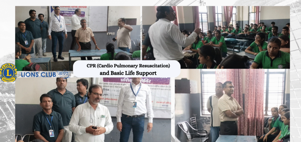 Lions Club Sarthak conducting a CPR and Basic Life Support training camp at DS Science Academy, Gangapur City, with Dr. Ravi Gupta demonstrating CPR techniques to over 300 students using audio-visual aids and live practice.