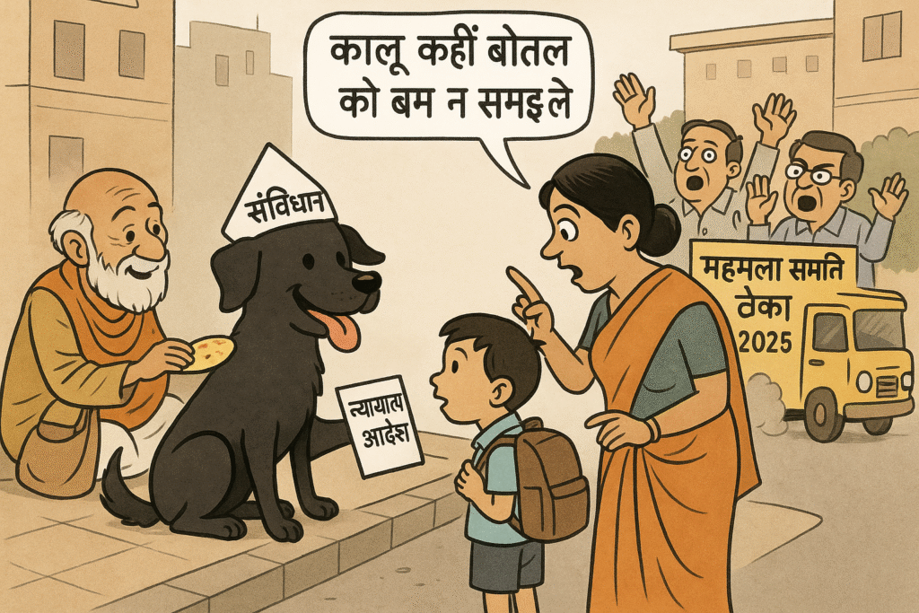 "सड़क किनारे लोकतंत्र का प्रतीक कुत्ता पूँछ हिलाते हुए बैठा है, आसपास लोग बहस में उलझे हैं—कोई कुत्ता प्रेमी, कोई सुरक्षा चिंतित माता-पिता, तो कोई नगर निगम का अधिकारी।"
