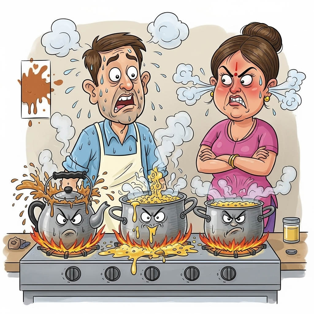 A humorous cartoon depicting a husband juggling a boiling tea kettle, a steaming dal pot, and an angry wife, all bubbling at once, symbolizing the satire of balancing daily life.