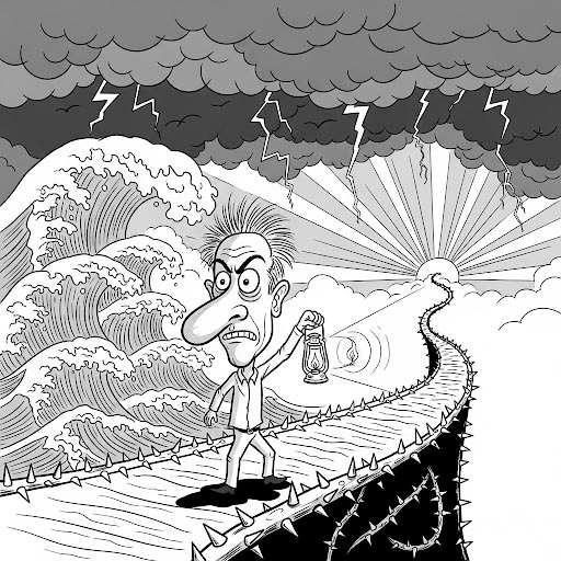 A symbolic cartoon showing a man walking barefoot on a thorny path, holding a flickering lamp in a storm, while waves rise behind him, yet he continues with determination—depicting resilience and life’s struggles.