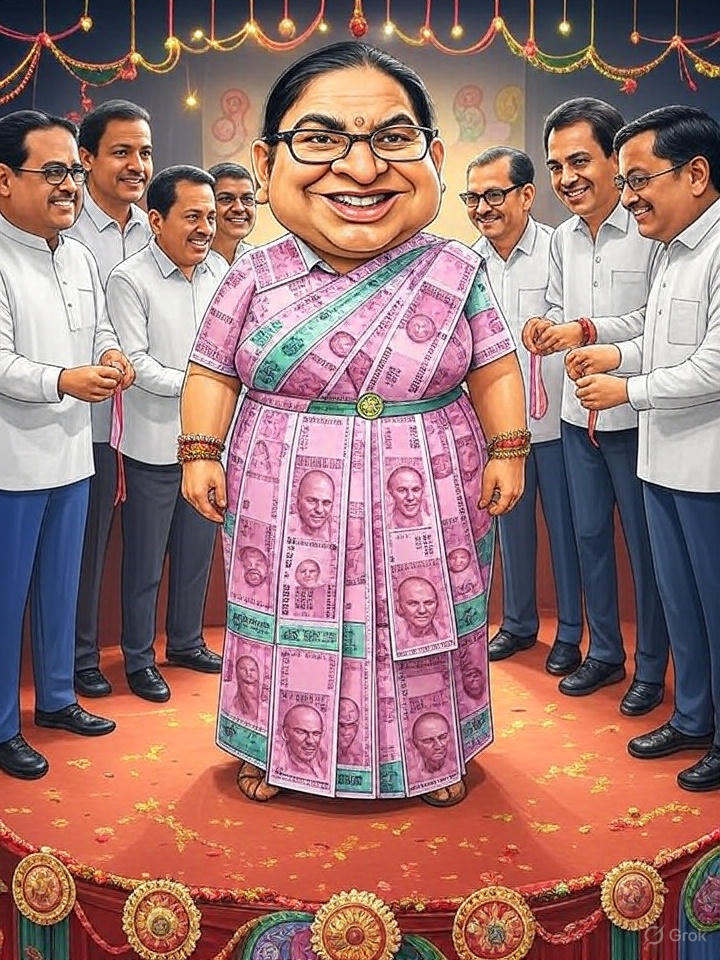 "व्यंग्यात्मक रेखाचित्र – भ्रष्टाचार को साँप-चेहरे वाले व्यक्ति के रूप में, रिश्वत को ₹2000 के नोटों की साड़ी पहने नागिन के रूप में दिखाया गया है, जो राखी बाँध रही है, और नेता नकदी के लिफ़ाफ़े लिए खड़े हैं, मंच पर ‘लोकतंत्र रक्षा बंधन पर्व’ लिखा है।"